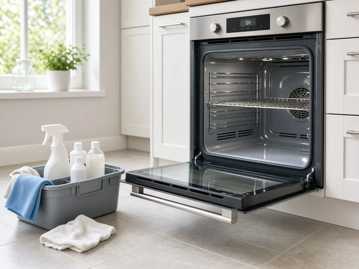 Gleaming oven interior during a deep clean, with cleaning caddy