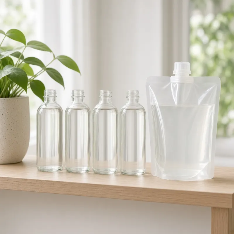 Clear glass refill bottles and refill pouch on a wooden shelf