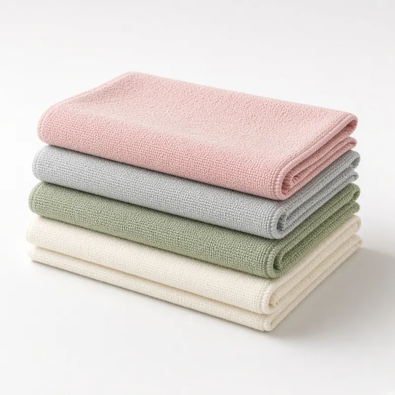 Stack of colour-coded microfibre cleaning cloths