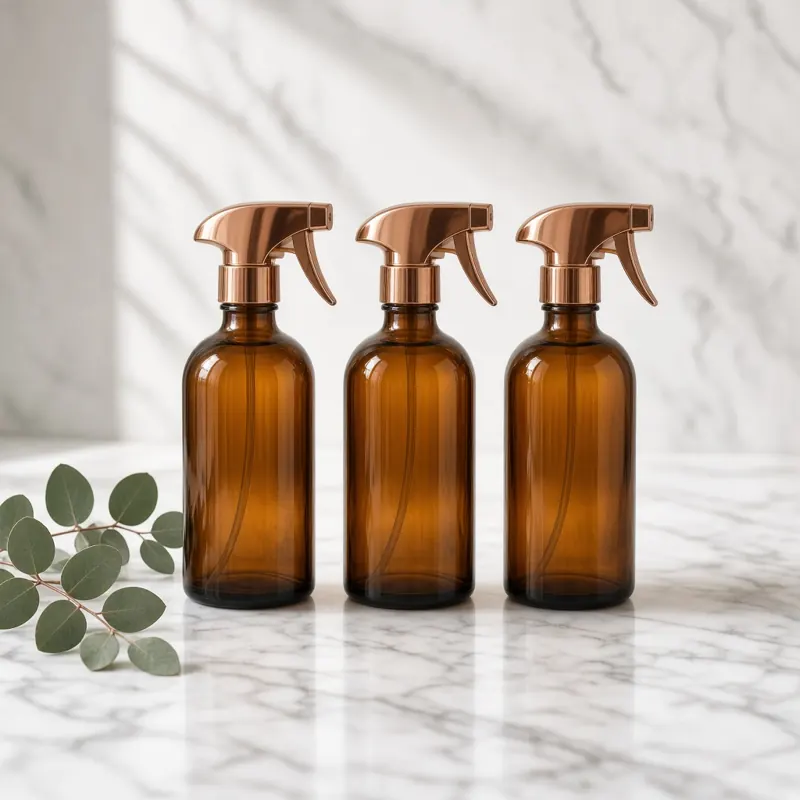 Amber glass spray bottles on a marble worktop
