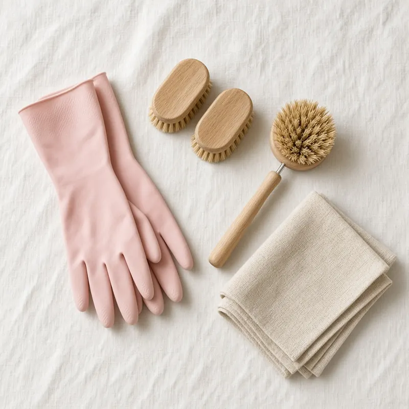 Rubber gloves and natural bristle brushes laid out