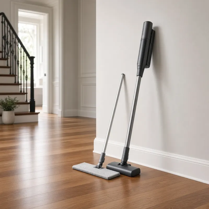 Flat microfibre mop and cordless vacuum in a bright hallway